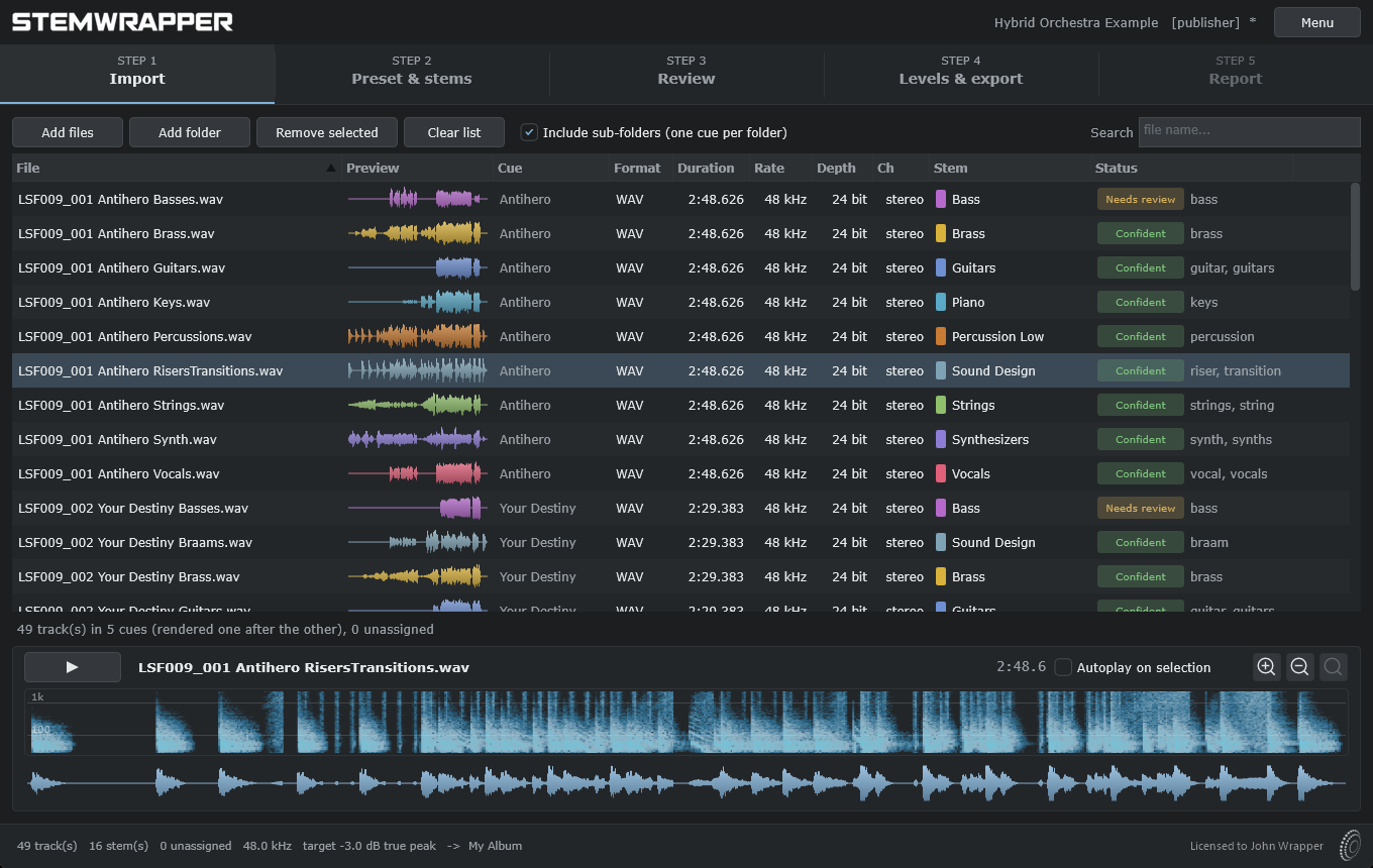 Step 1 of StemWrapper: imported tracks listed with a waveform,
format, sample rate, matched stem, and assignment status of
confident, needs review, ambiguous, or unassigned.