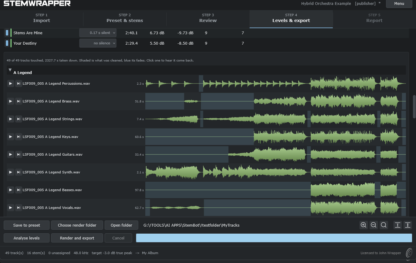 Step 4 of StemWrapper after analysis: every source track in the cue
shown as a waveform, with inactive sections containing only
background noise shaded and the fades at their edges marked in
blue.