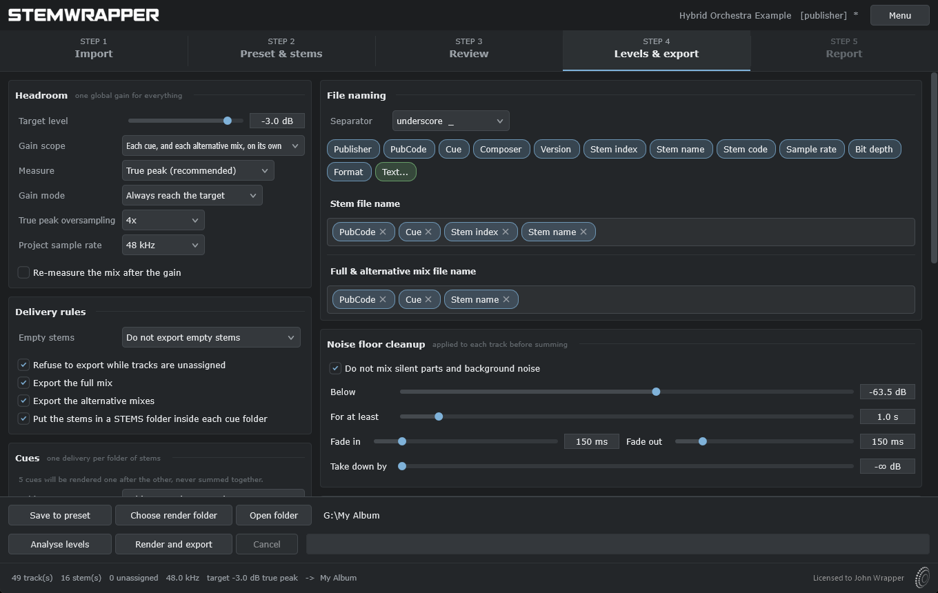Step 4 of StemWrapper: delivery rules and target level on the
left, plus a file-naming convention built from tokens such as
PubCode, Cue, Stem index, and Stem name, with a live preview of
the resulting file names.